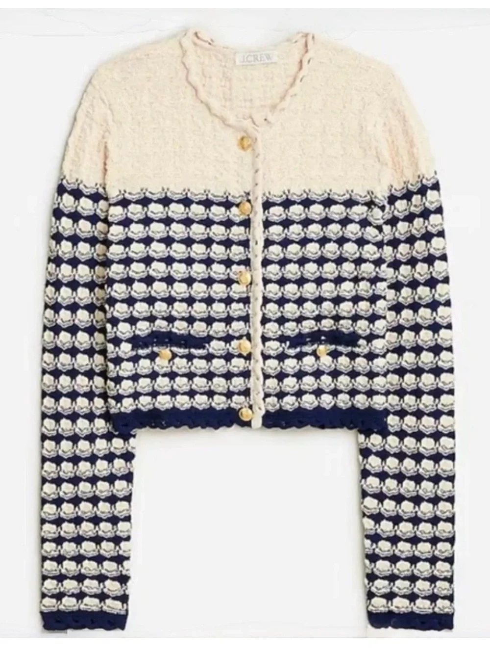 NWT J.Crew Textured Knit Cropped Cardigan Sweater Navy Cream‎ Gold Buttons Small